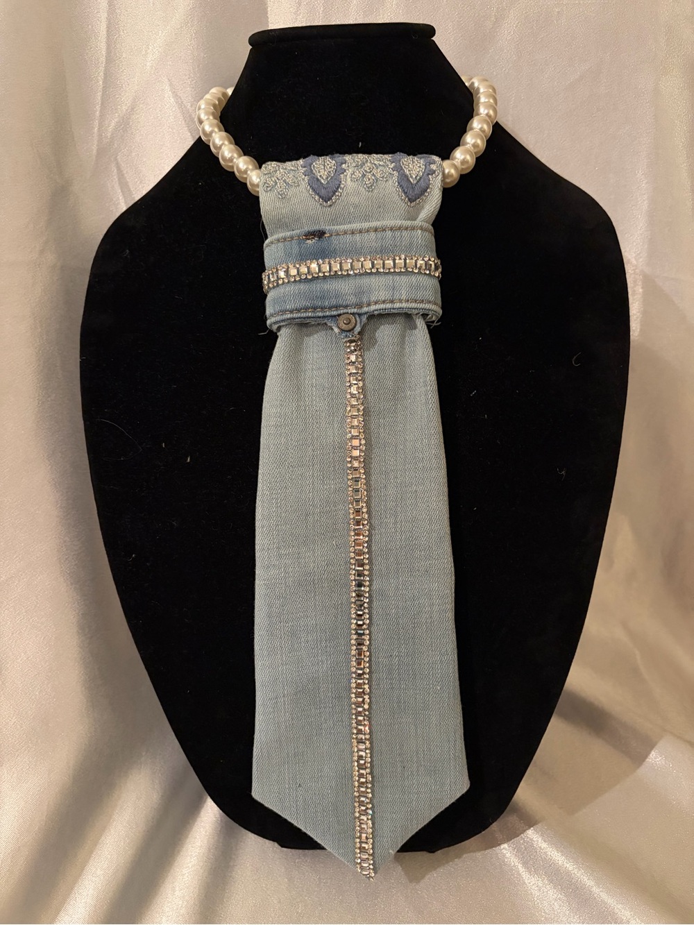 Women’s Light Blue Denim Necklace Tie with Accents - Long